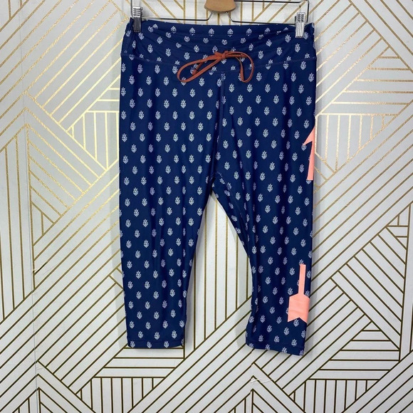The Upside Pants Blue Floral Printed Drawstring Cropped Capri Leggings Size L‎ - Picture 1 of 10